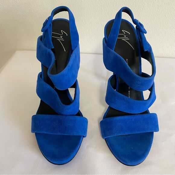 GIUSEPPE ZANOTTI Blue Suede Strappy Slingback Heels - Picture 3 of 10